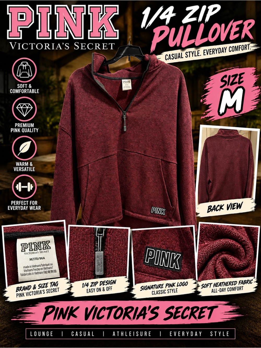 Victoria’s Secret PINK Burgundy 1/4 Zip Pullover Sweatshirt Women’s M